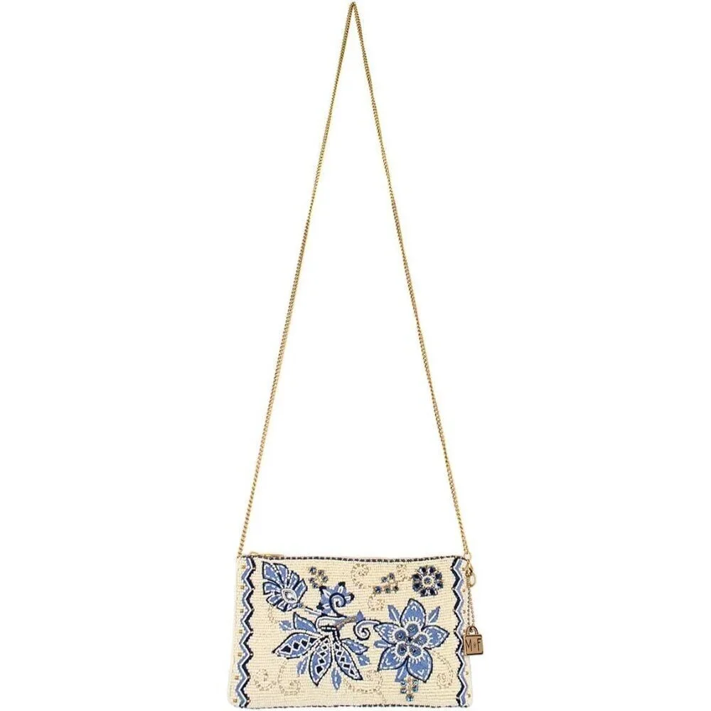 Beaded Floral Crossbody Cell Phone Bag Clutch Vegan Friendly Ivory Blue